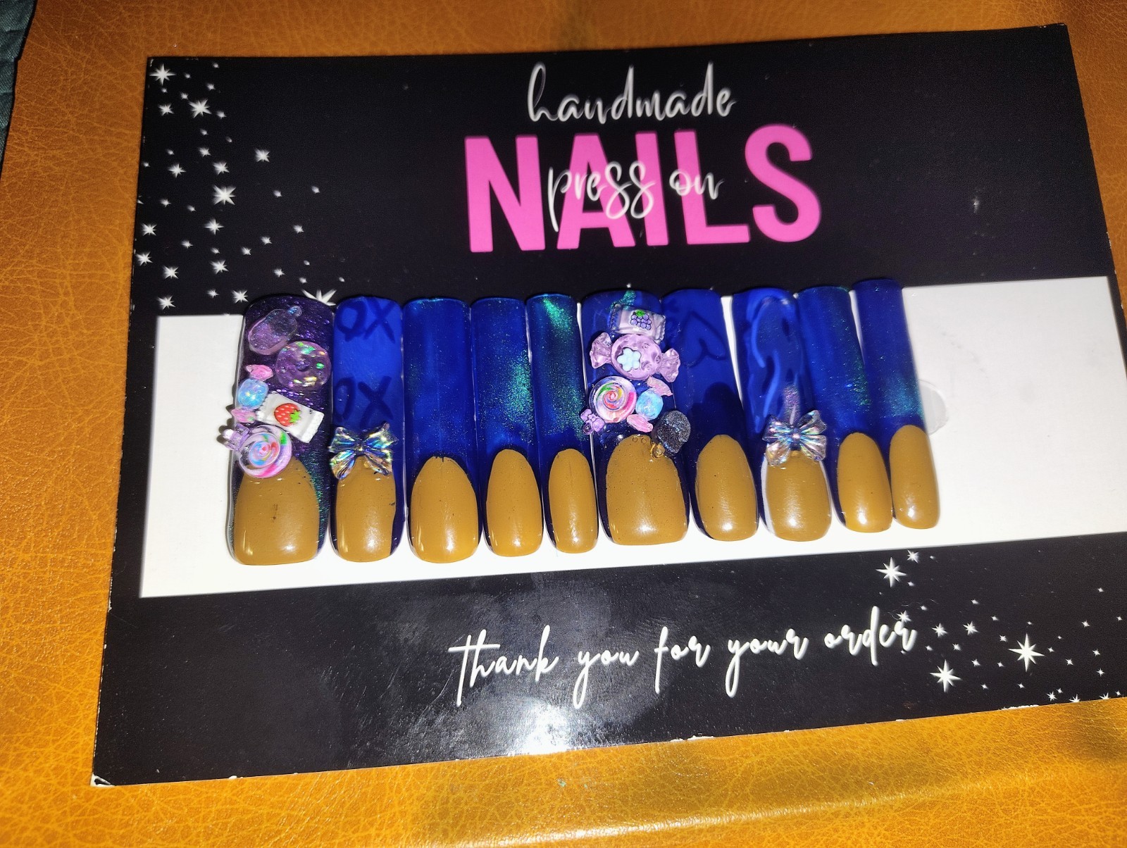 Handmade Square Long Press-On Nails Blue Gold Candy 3D Full Cover
