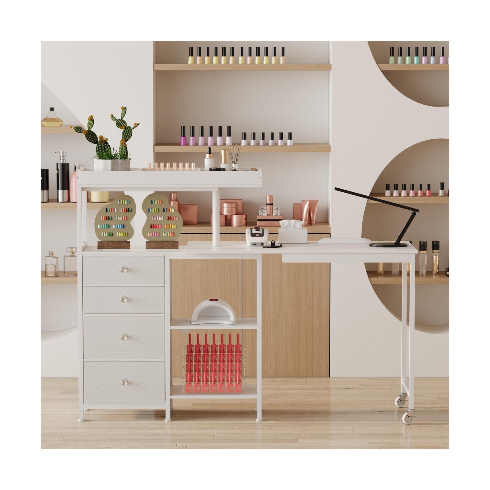 L-Shaped Manicure Table with Drawers and Storage Shelves,Rotating Nail Workst…