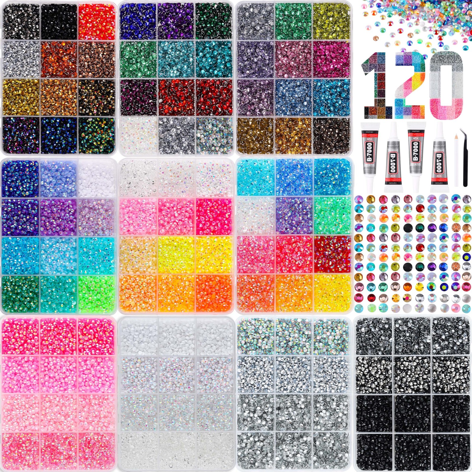 LERBOU 90000PCS Bedazzling Kit with 10 Boxes, 3mm Flatback Resin Rhinestones,…