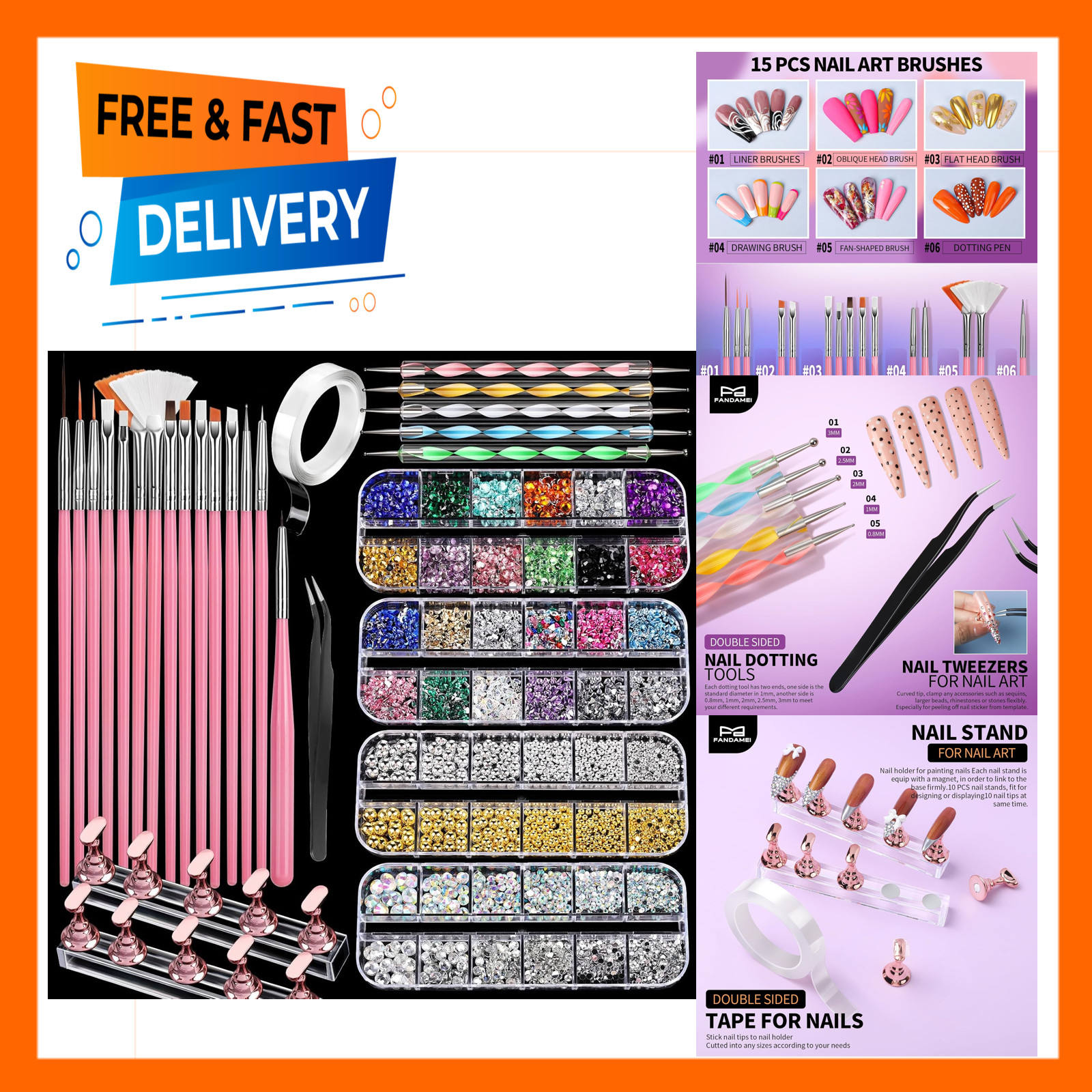 Nail Art Brushes 15 Pack Acrylic Nail Brush Nail Dotting Tools Nail Gems
