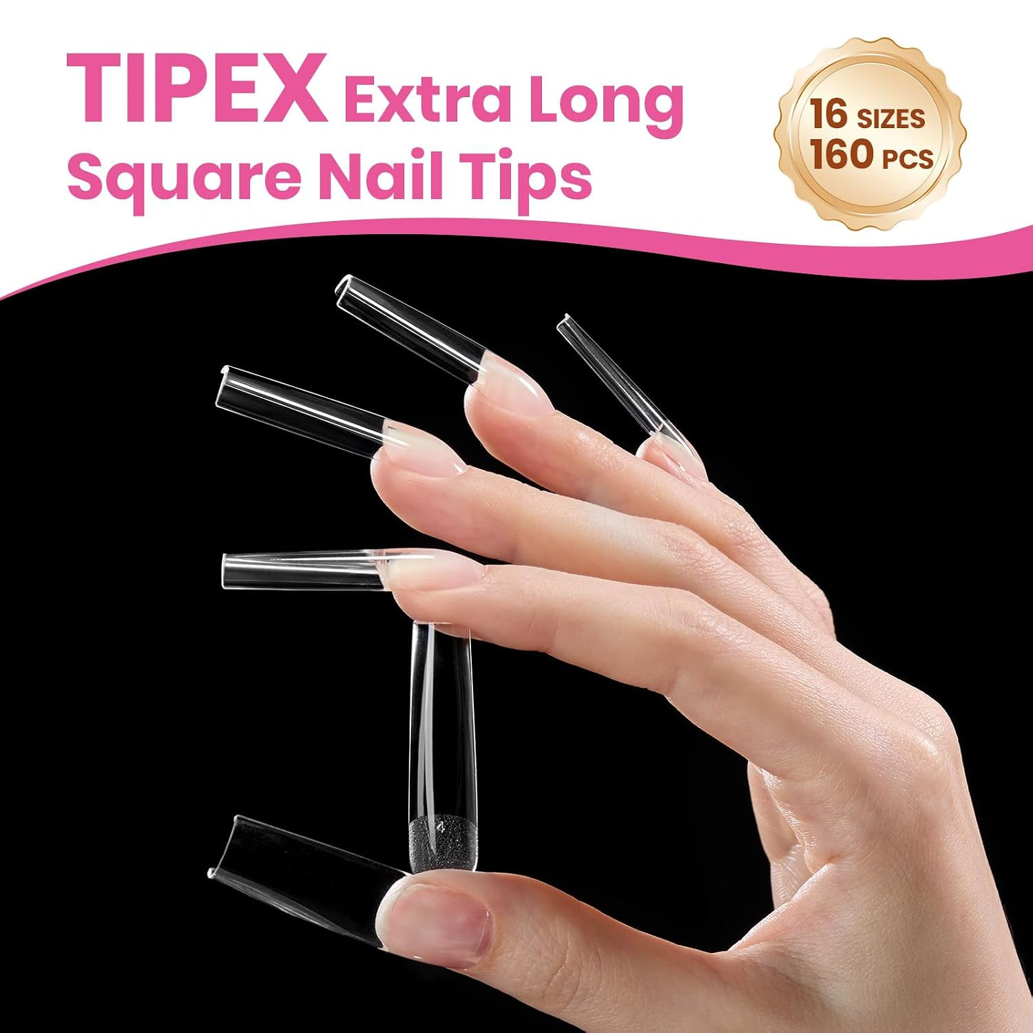 Tipex Lite Instant Apex Nail Tips, XXL Square, No Builder Gel Needed, 160Pcs 16