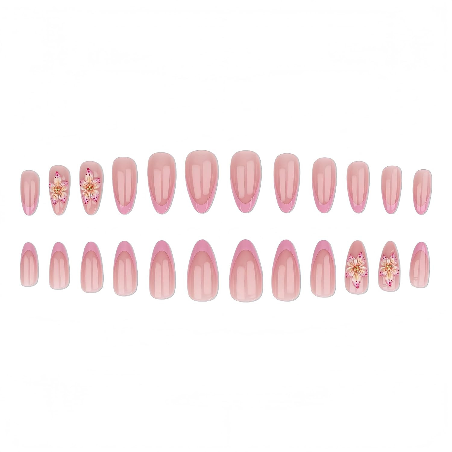 24Pcs French Tip Press on Nails Medium Almond Fake Nails with 3D Flower Gold Bea