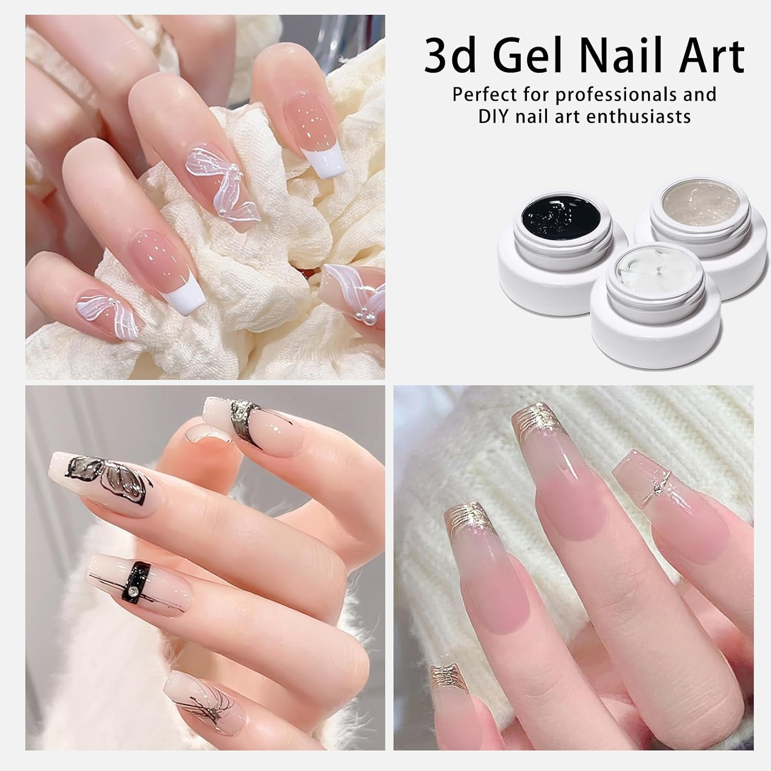 3Pcs Solid 3D Nail Sculpting Gel for Nail Art, White Black Clear 3D Nail Art Gel