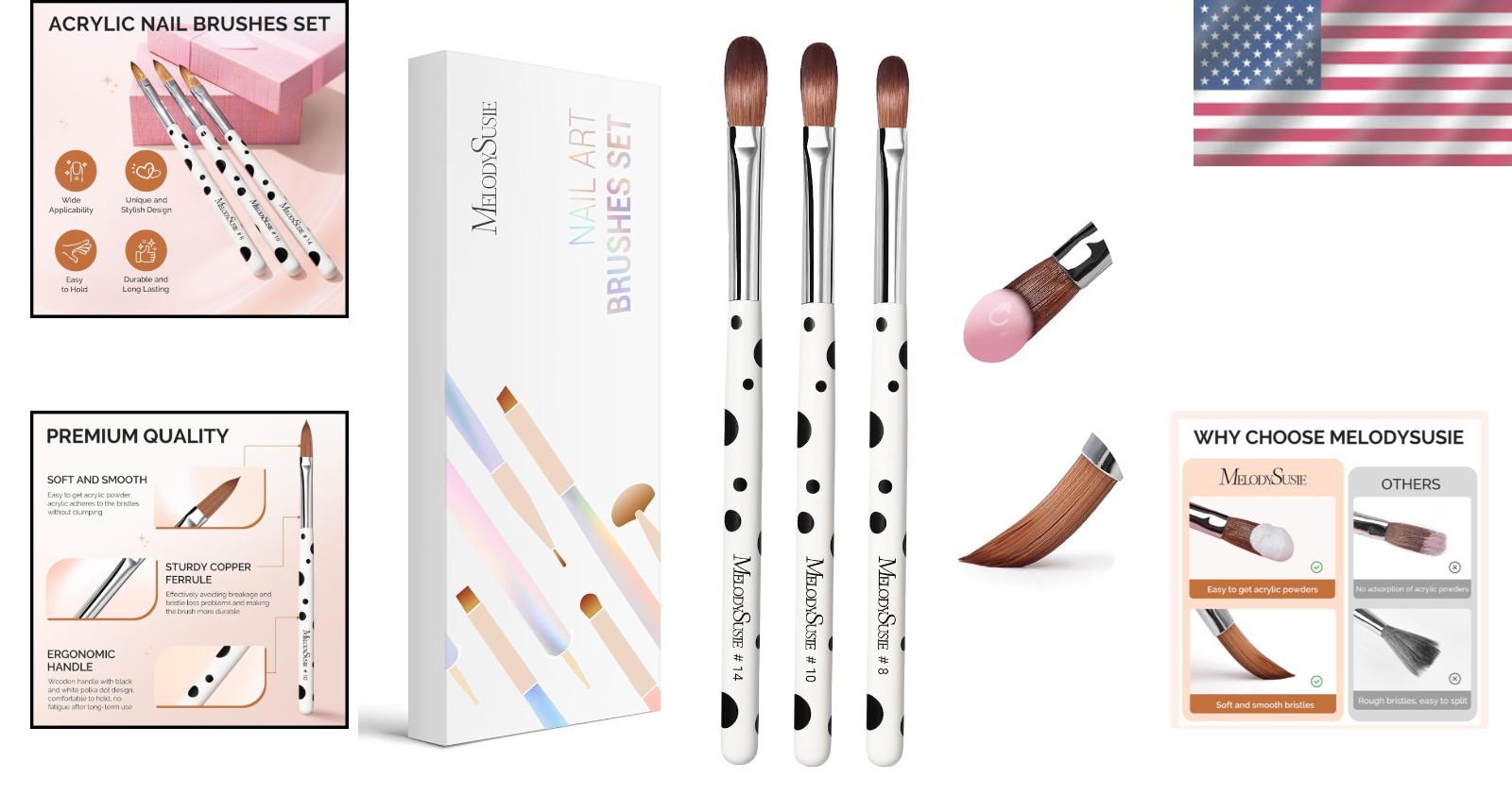 3Pcs Acrylic Nail Brush Set, Size 8/10/14 Kolinsky Acrylic Nail Brushes for Acry