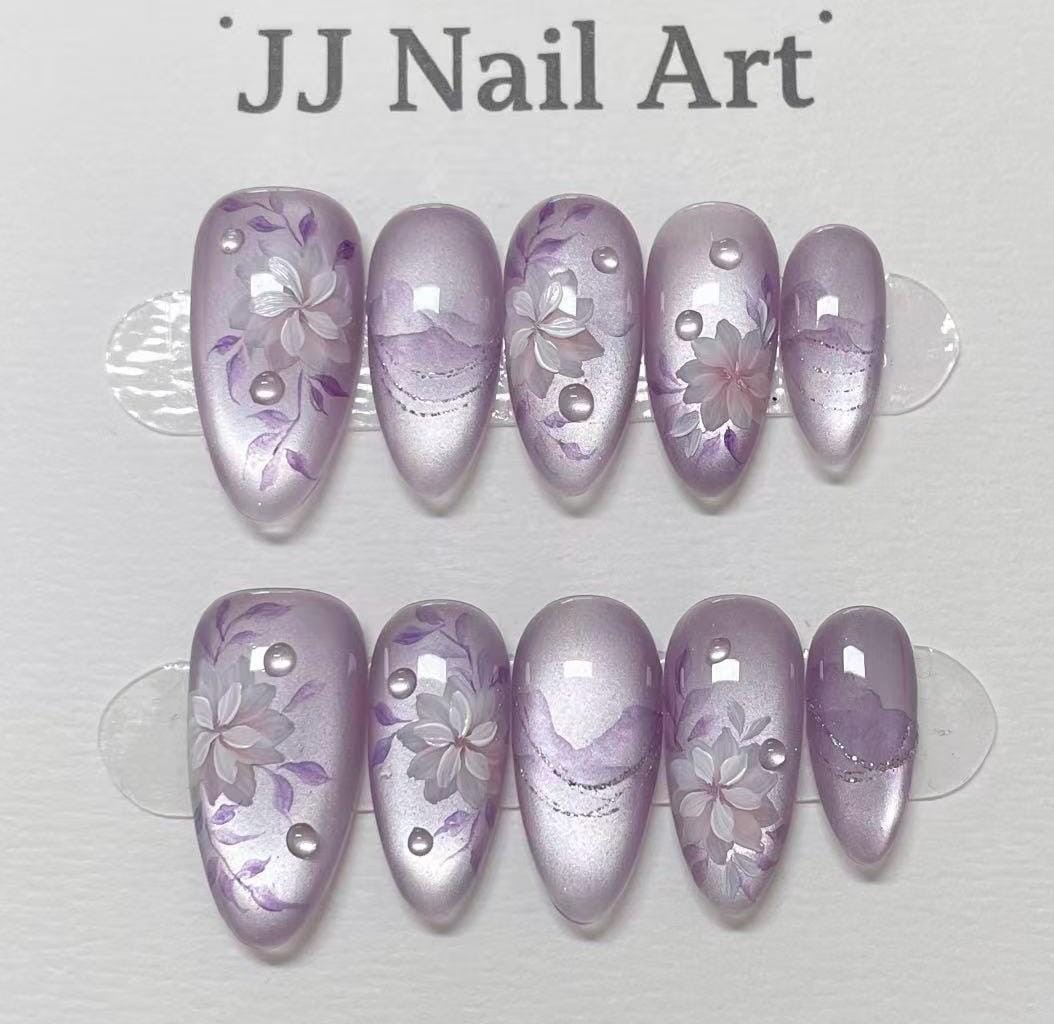 Custom Pure Handmade Nails Purple Shimmer Flower Mountain Pearl Elegant Manicure