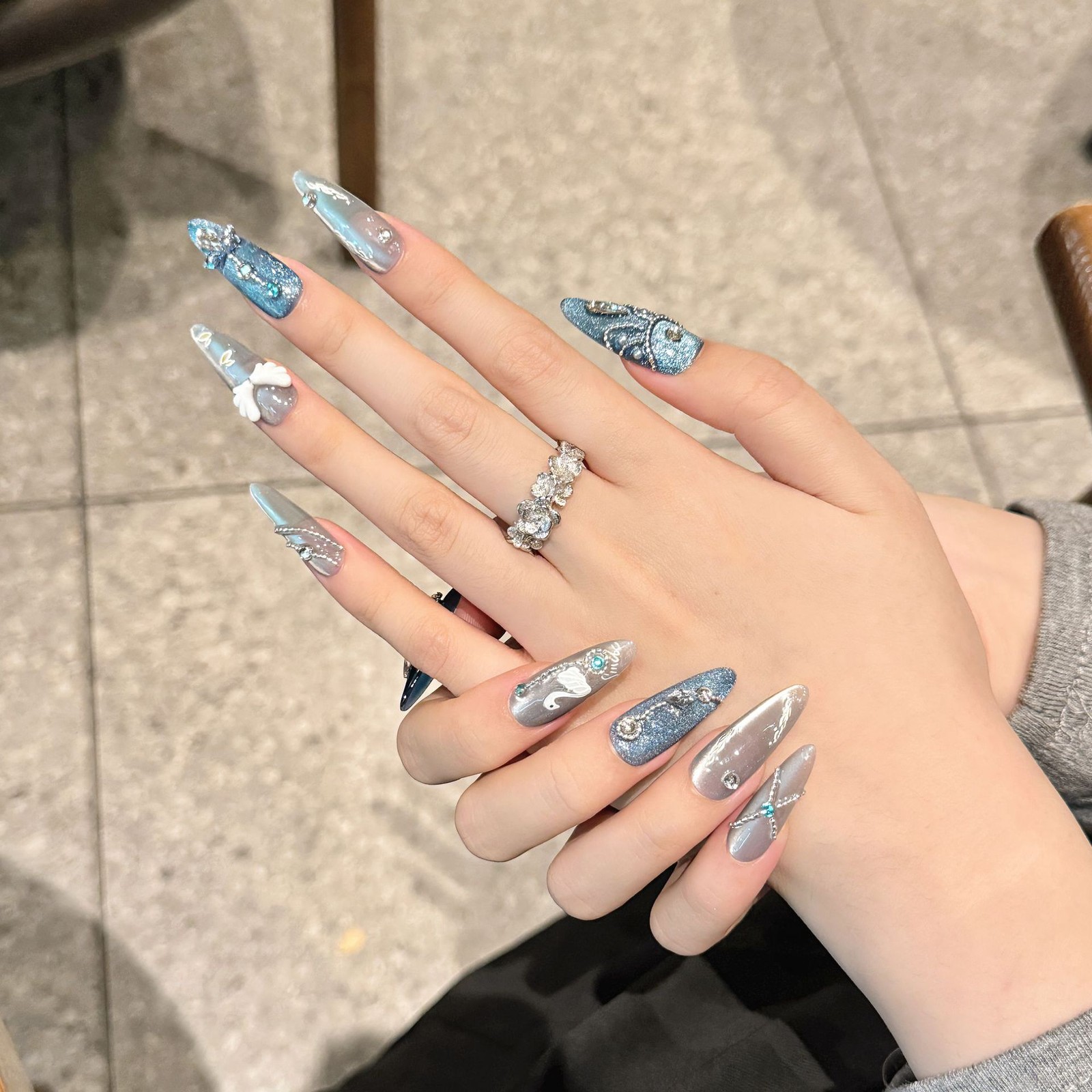 24PCS Blue Gray Cat Eye Press On Nails Angel Wing Feather Long Square False Nail