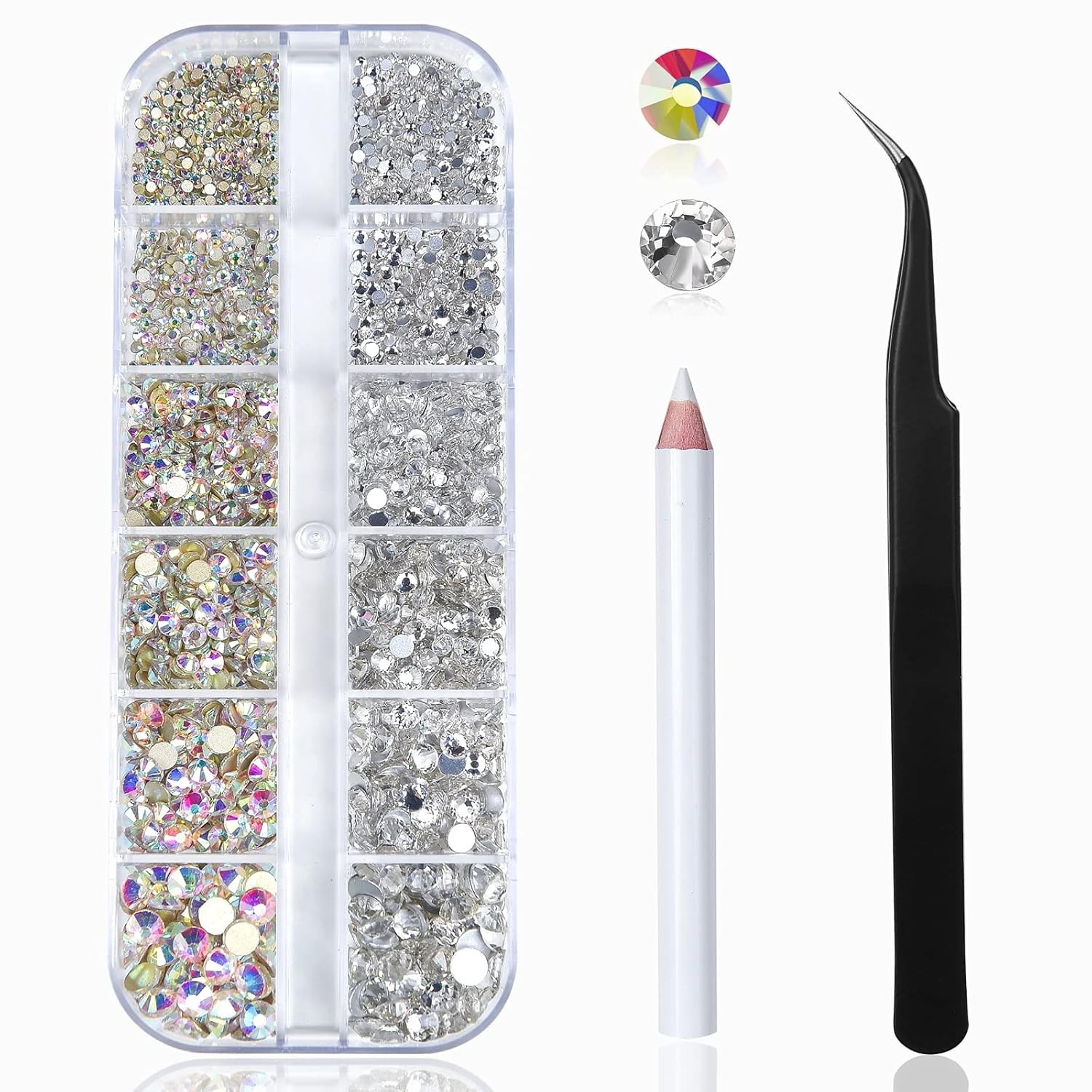 2400 Pcs Nail Art Rhinestones Kit – Iridescent AB & Clear Gems with Tools