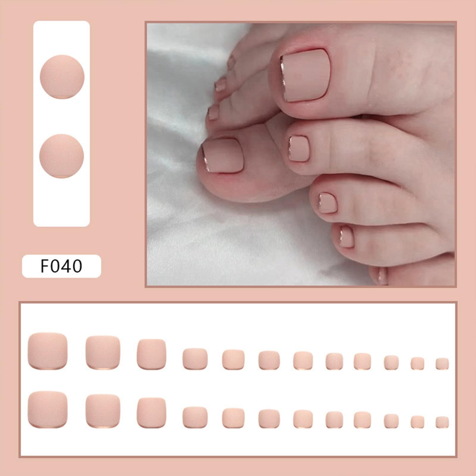 Nude Press on Toenails Short Square Fake Toe Nails Gold French Tip Style11