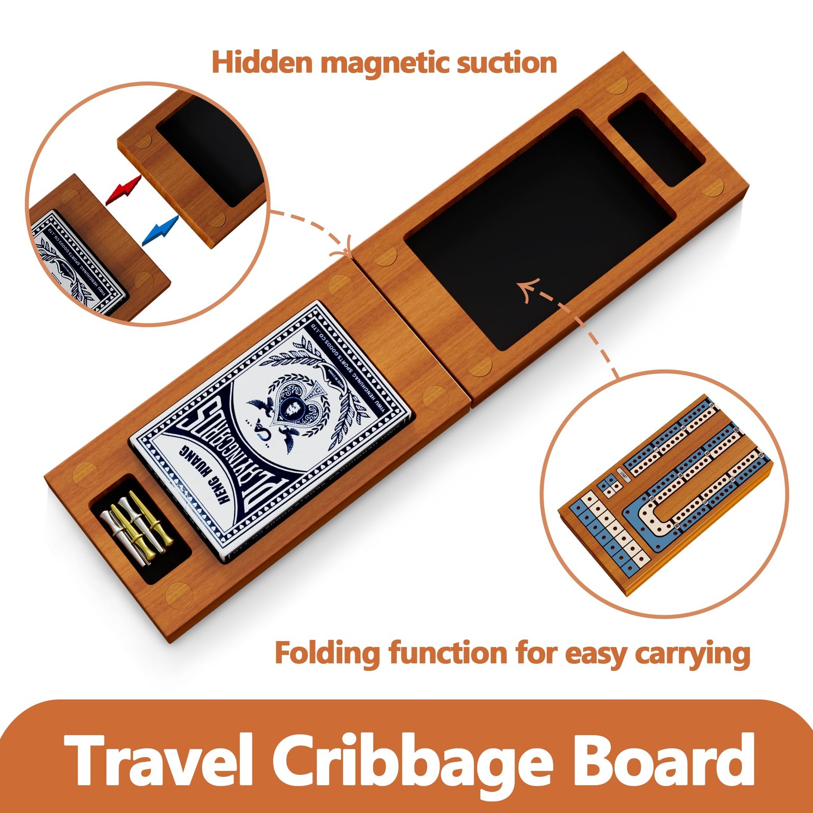 Small Size Travel Wooden Cribbage Board Game Set – 2-Track Small, Wood