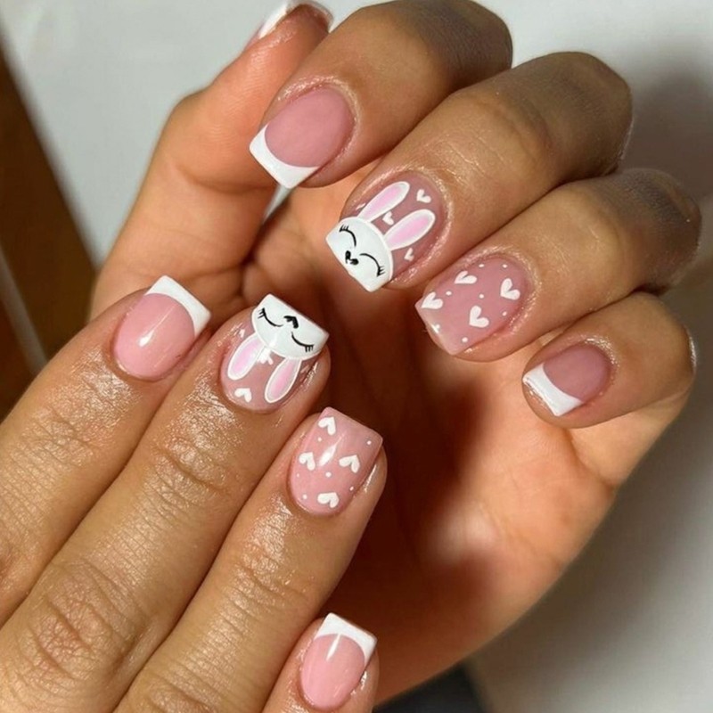 24 Pieces Short Square Press On Nail with Rabbit Designs Acrylic on Nail