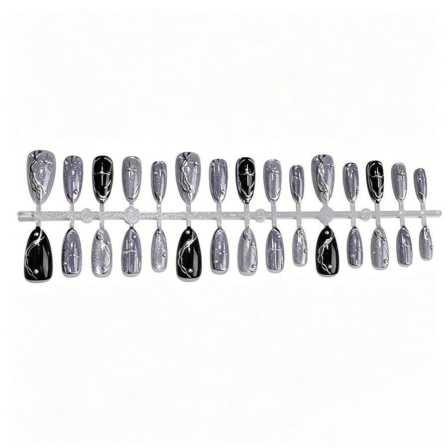 60Pcs-Medium Almond Black Silver Glitter Marble Line Pearl Star Press on Nails