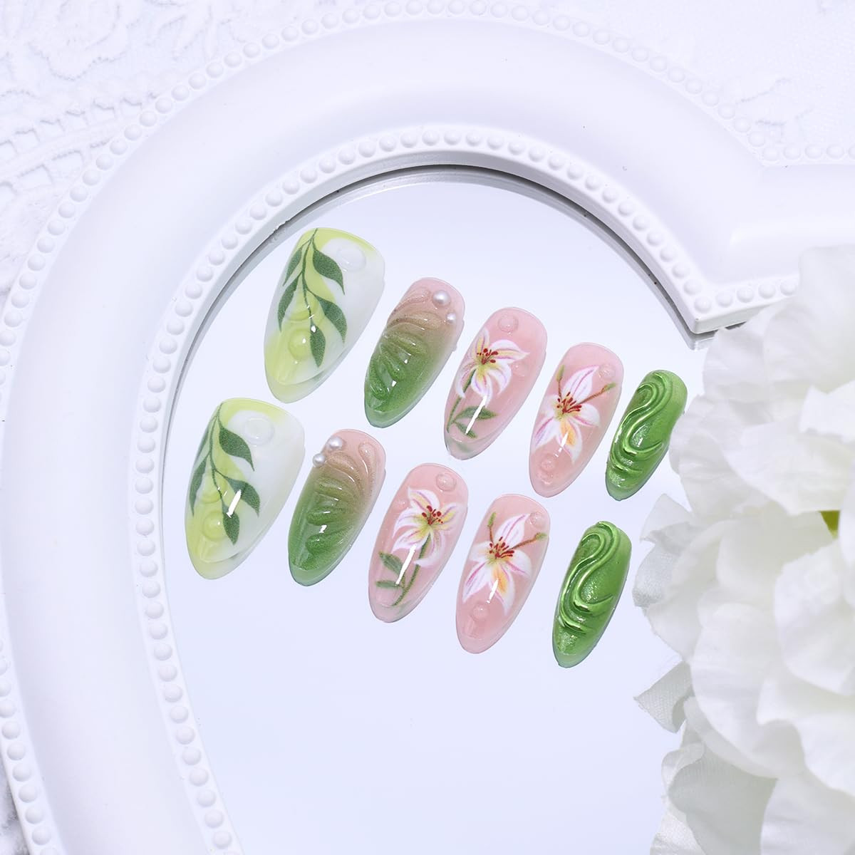 30Pcs Spring Summer Press on Nails Medium Almond Fake Nails with 3D Flower Leaf
