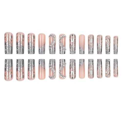 24Pcs Long Press on Nails Luxury Rhinestone Fake Nails silver rhinestones