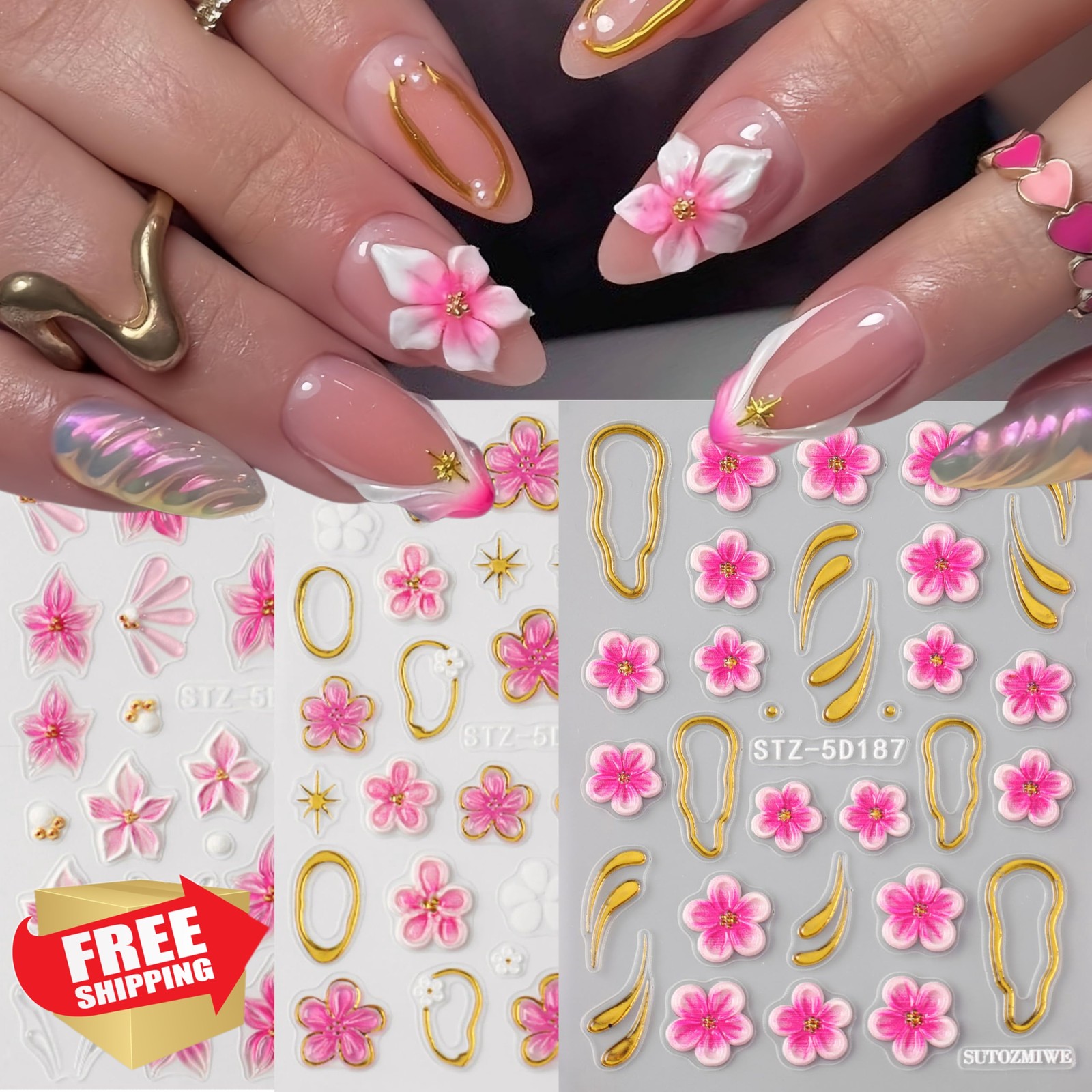 Aoustratum 3pk Flower Nail Art Stickers Hibiscus Gold Coil