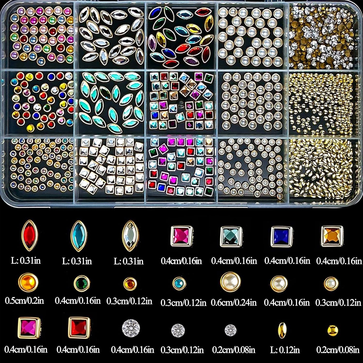 LERBOU 3D Nail Charms & Gems Kit, Vintage Mixed Shapes, 15 Grids