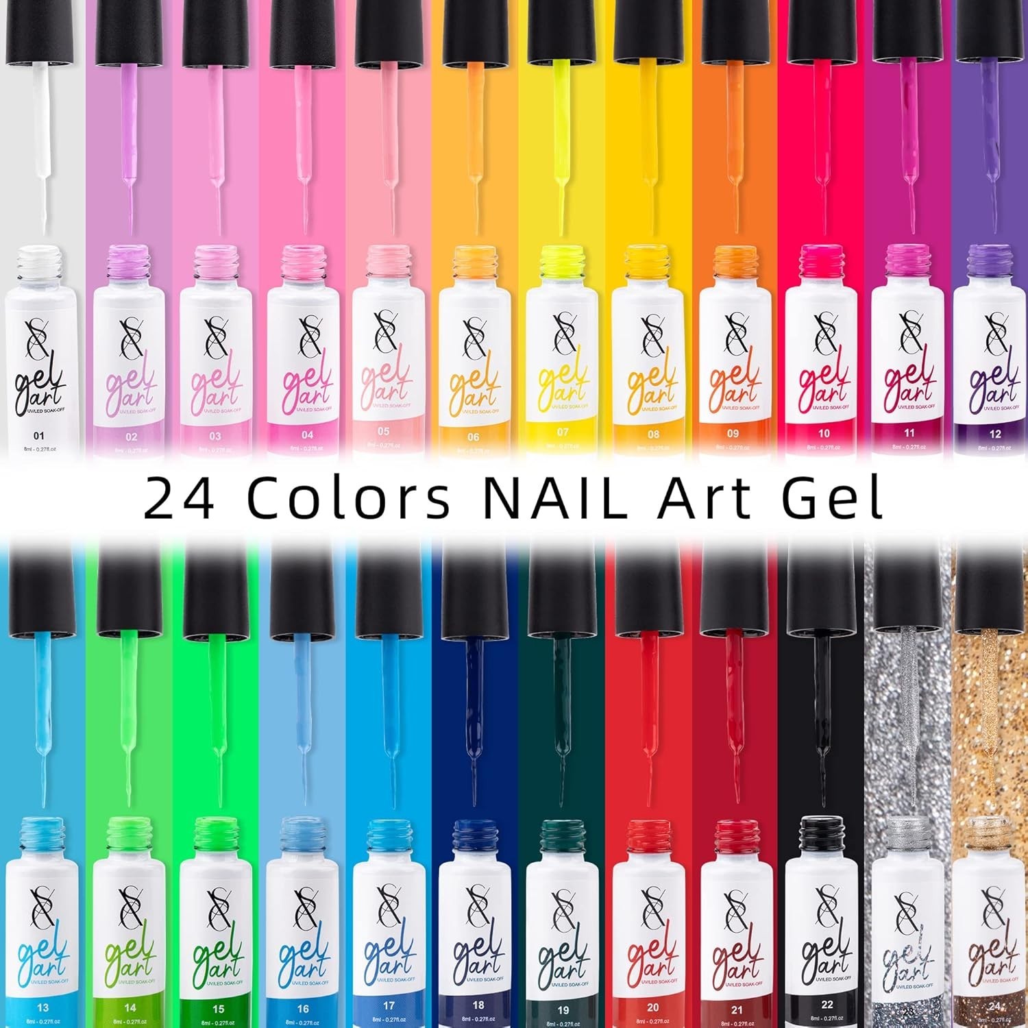 24-Color Gel Liner Set for Nail Art Cosmetics with Built-in Thin Brush for Swirl