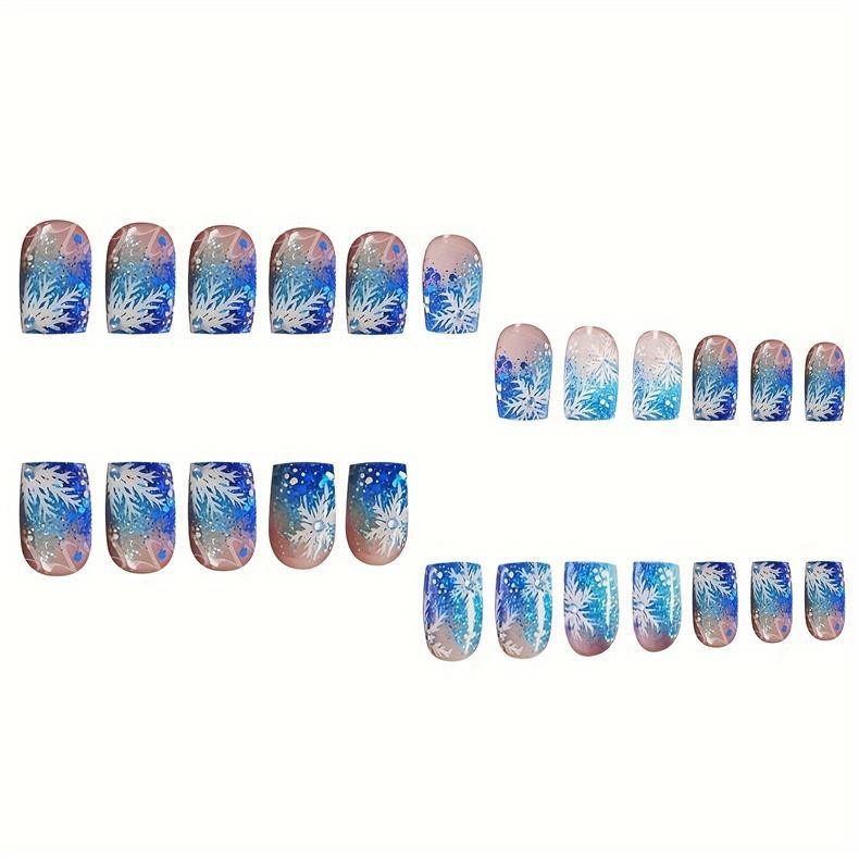 Christmas Blue Square Press On Nails Snowflake Rhinestone Glitter