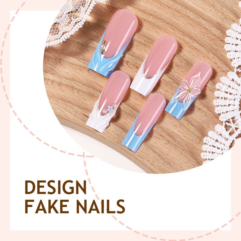 48pcs Long Square Press on Nails, Blue White Lace Flower Pearl Rhinestone Nails