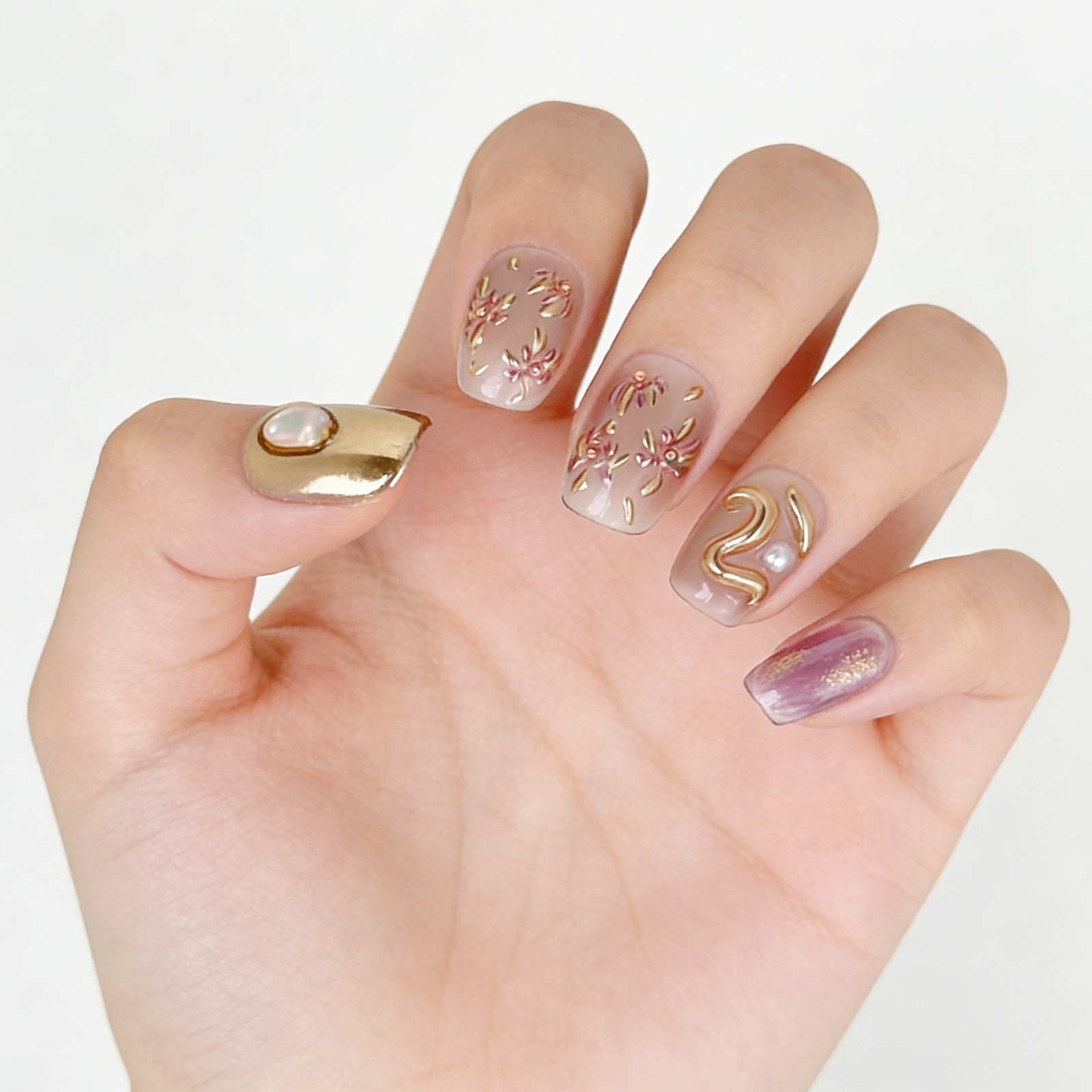 Pink Purple Press On Nails Short Square Gold Flower Pearl Handmade Set gift