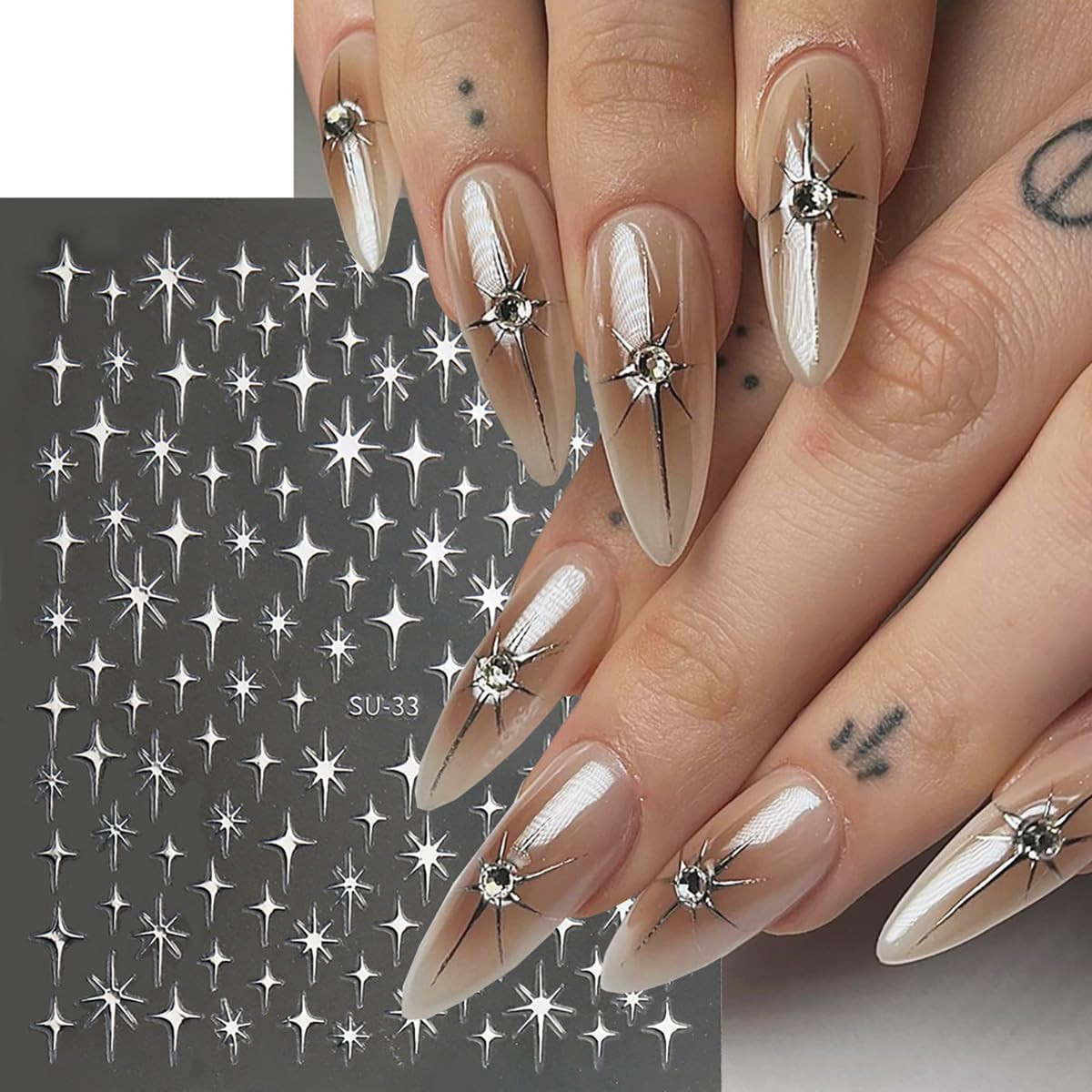 Star Nail Art Stickers Decals, 3D Self-Adhesive Shiny Crystal Black Silver Gold