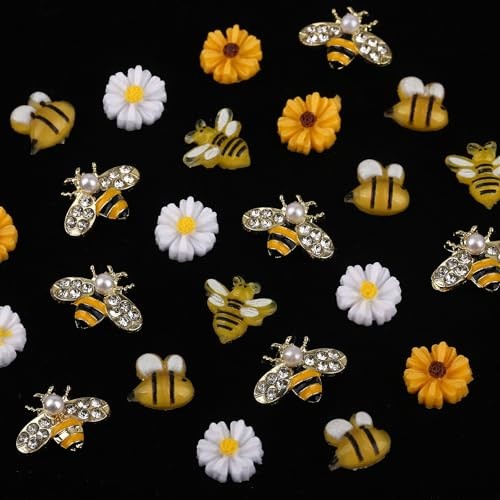 Tiny Bee Nail Art Charms Resin Cartoon Daisy Flower Nail Gems 3D Gold Alloy