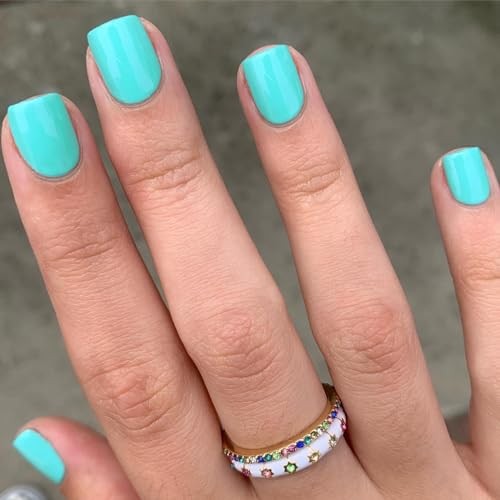 Short Press on Nails Square Round Short Fake Nails Glossy Full Cover Turquoise