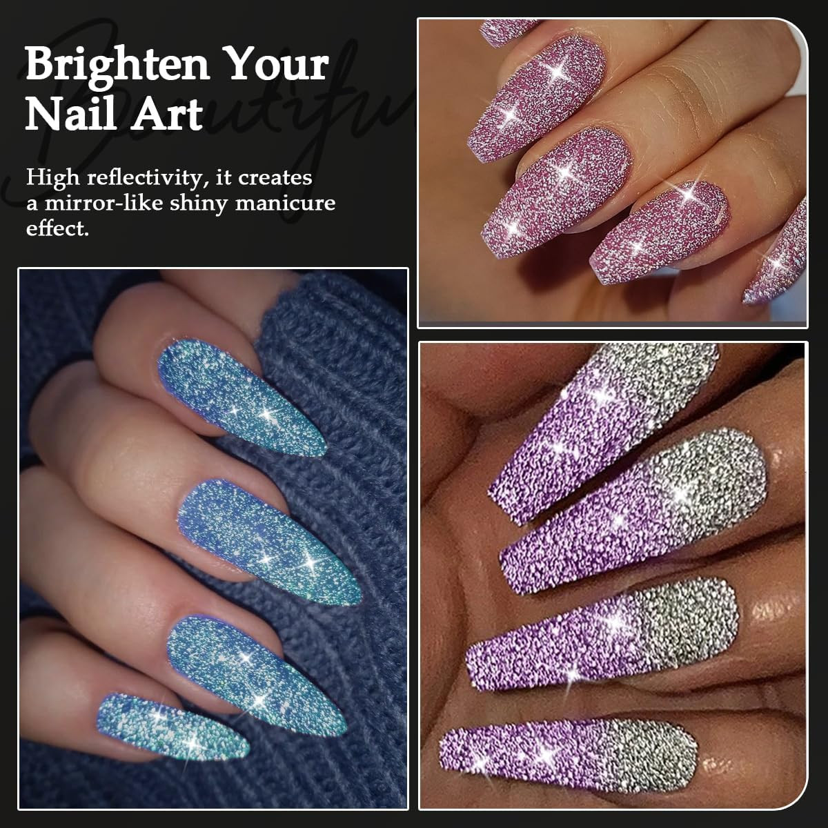 Reflective Glitter for Nails, 6 Colors Sparkle Nail Powder Diamond Dust Glitter