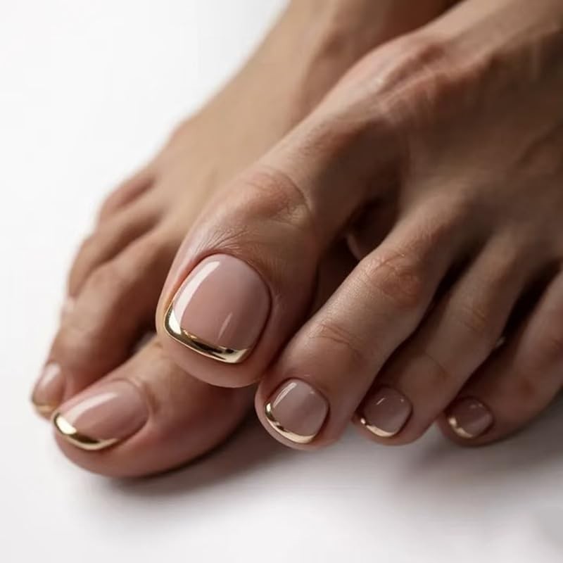 Gold Press on Toenails Square French Fake Toe Nails Press ons Short style 4
