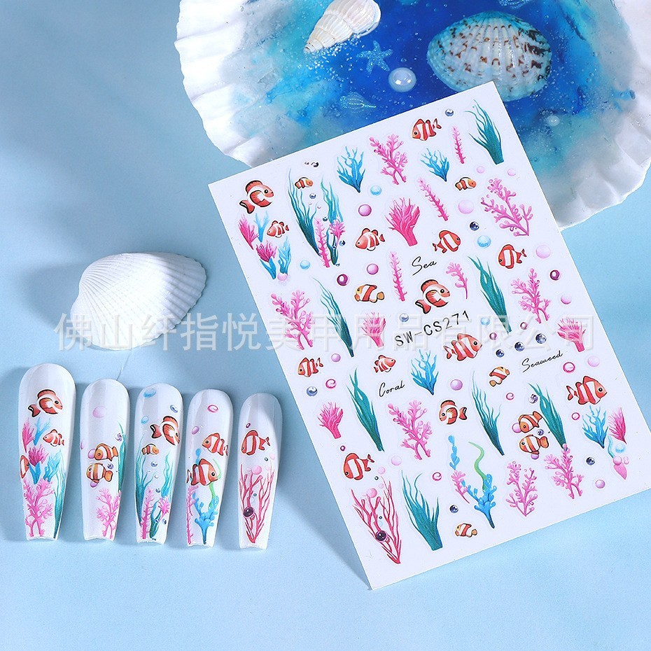 2Pcs Set Nail Stickers Clownfish Seaweed Starfish Ocean Peel Off Decor NH30