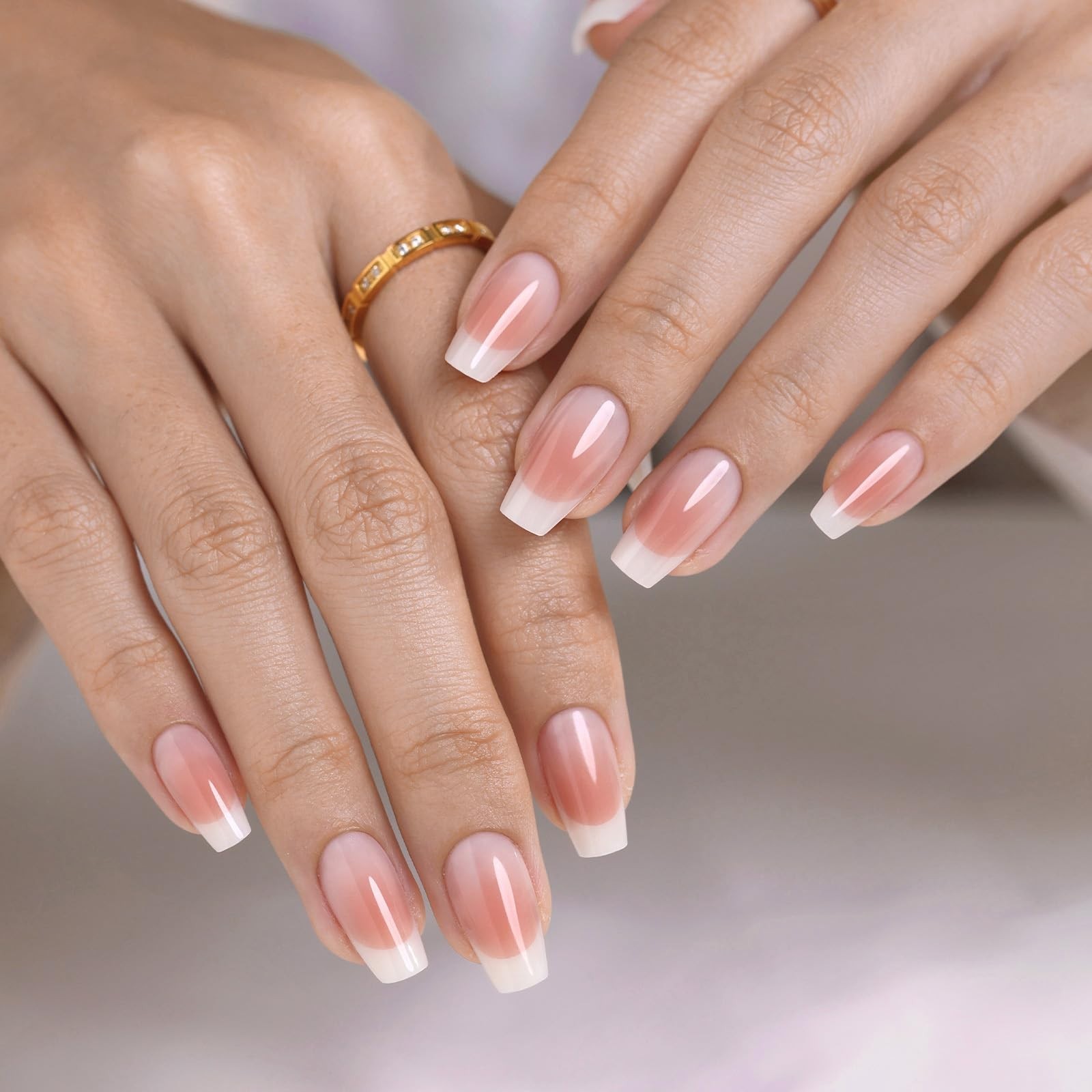 Milky White French Tip Press-On Nails – Soft Gel Ballerina Ombre, 32 Pcs, Reusab