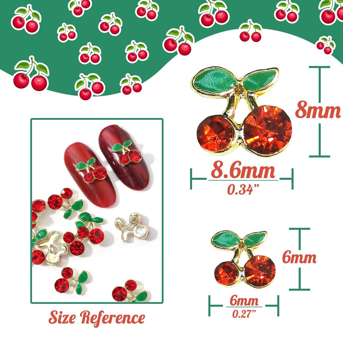 40 Pcs 3D Cherry Nail Charms Rhinestones for Jewelry Making & DIY Manicure