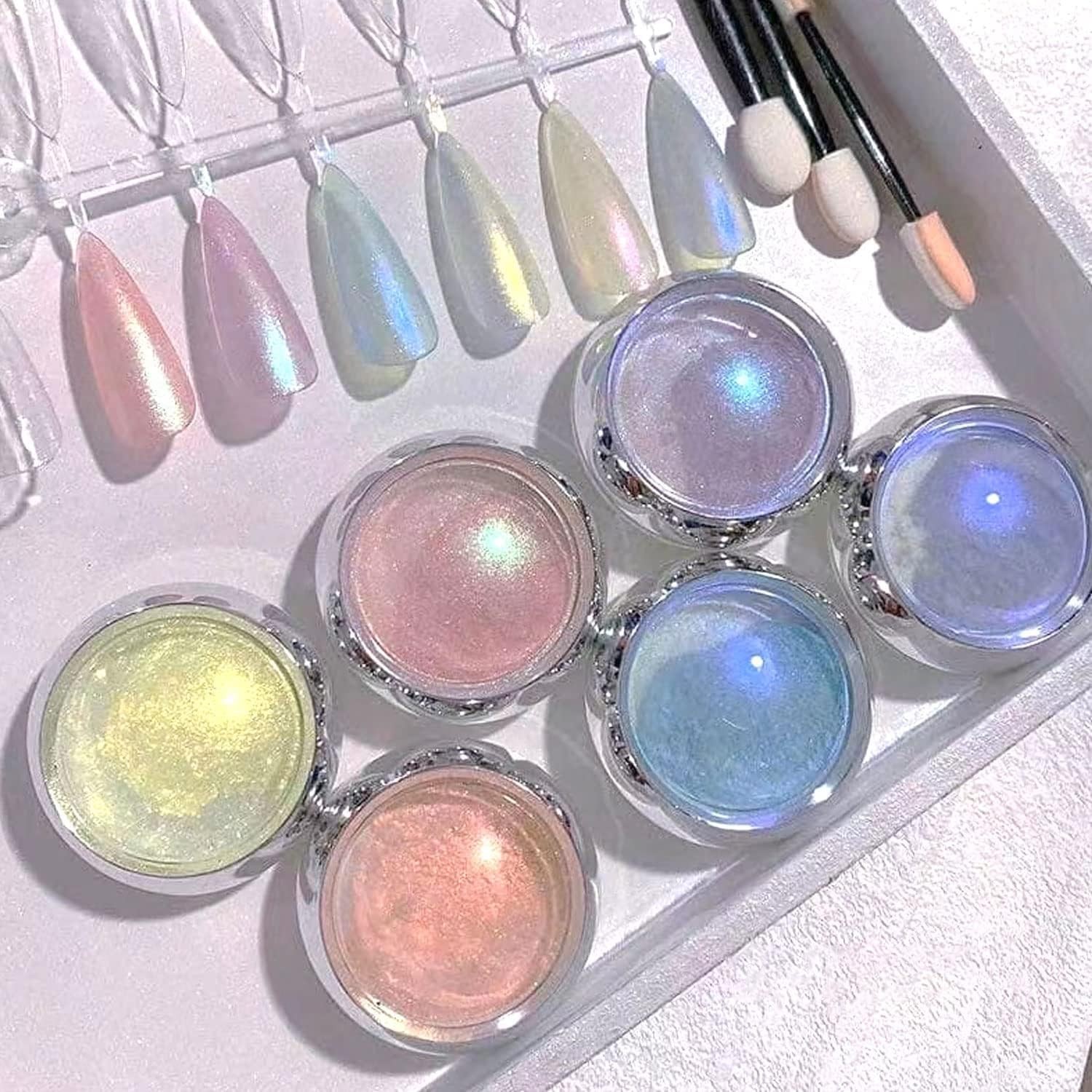 6 Jars Mermaid Chrome Nail Powder Aurora Blue, Pink, Yellow, Purple, White