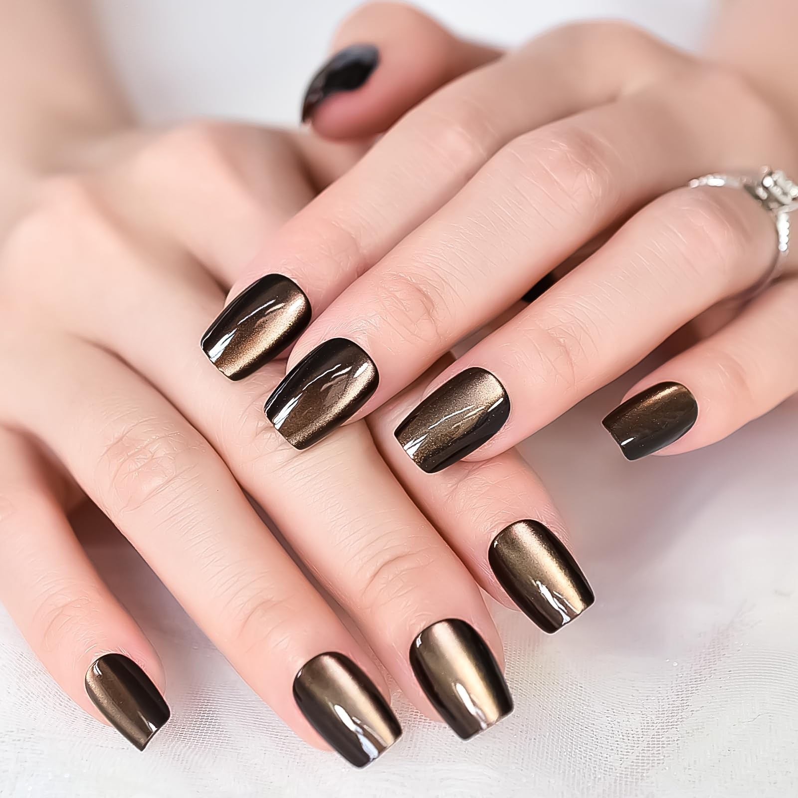 30pcs Glossy Black Brown Cat Eye Press On Nails Coffin Medium Length Nails Sa…