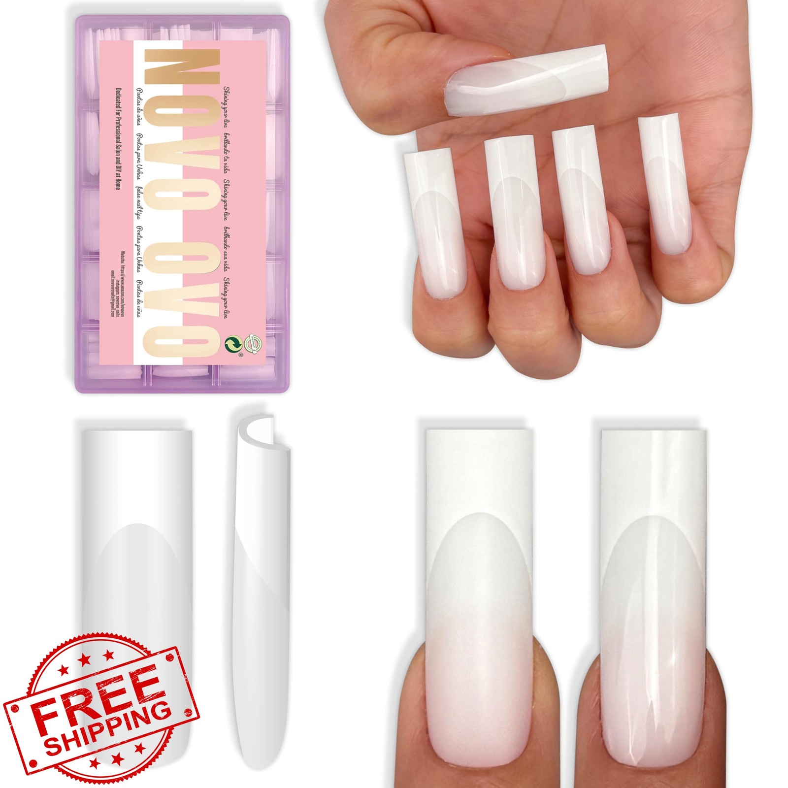 NOVO OVO Long Square French Tip Gel Nail Tips 180pcs