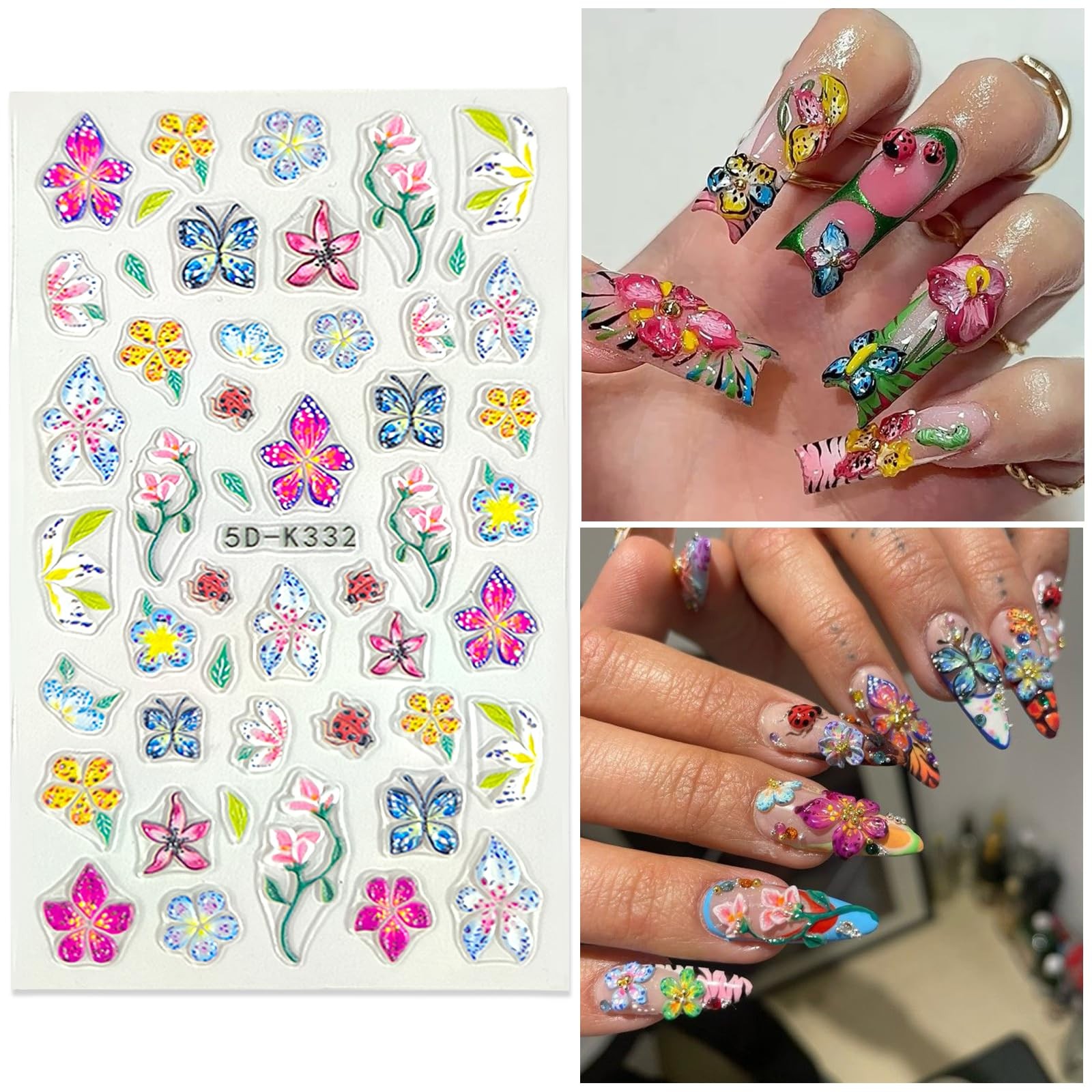 SEMATA Colorful Flower Nail Art Stickers Nail Decals for Women | 5D Embossed …