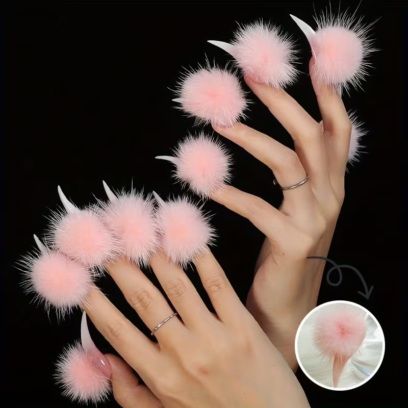 Pink 3D Furry Pom Pom Press-On Nails Long Stiletto Pre-Designed Glue Included