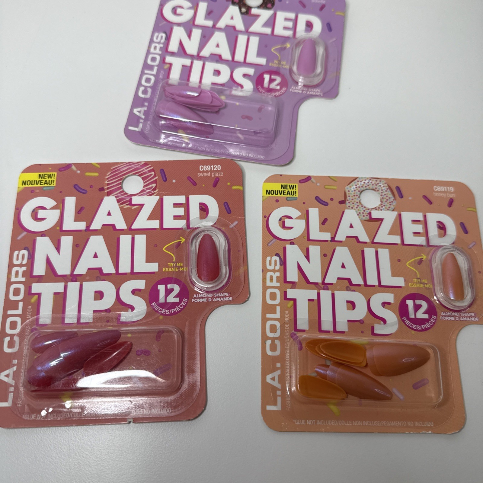 3 Sets LA Colors Glazed Nail Tips 12 Piece Each – Pink, Orange, Purple – Almond