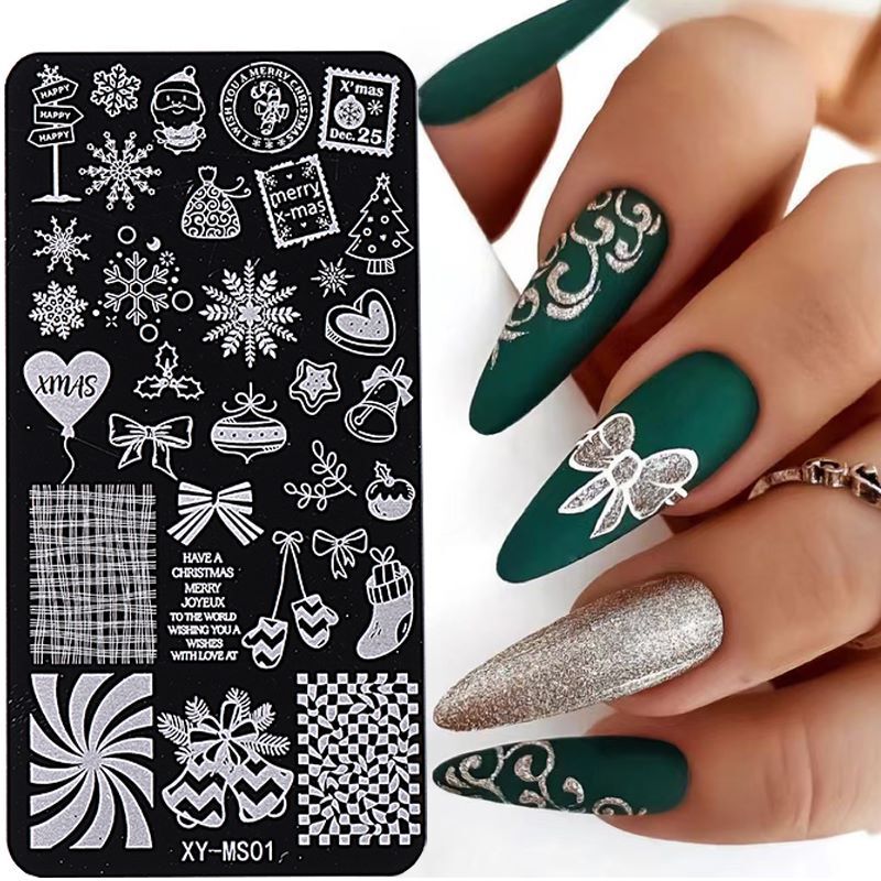 Snow Christmas Metal Nail Stamping Plates French Tip Love Lines Stars Tree Decal