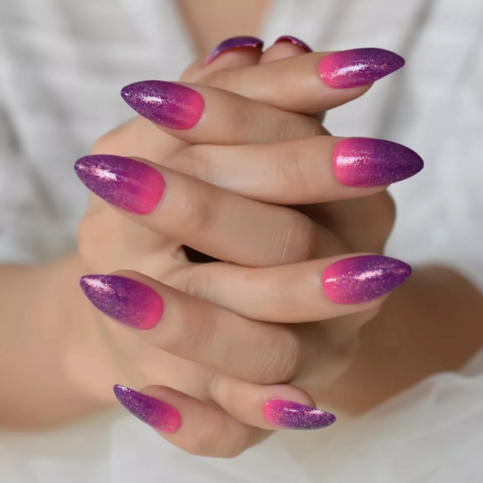 24 Ombre pink purple Press On Nails w/ Glue pointed almond stiletto glitter