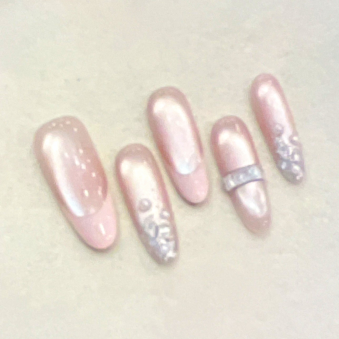 Pink Shiny Long Oval Press-On Nails, Full Cover Pre-Designed, Diamond Theme