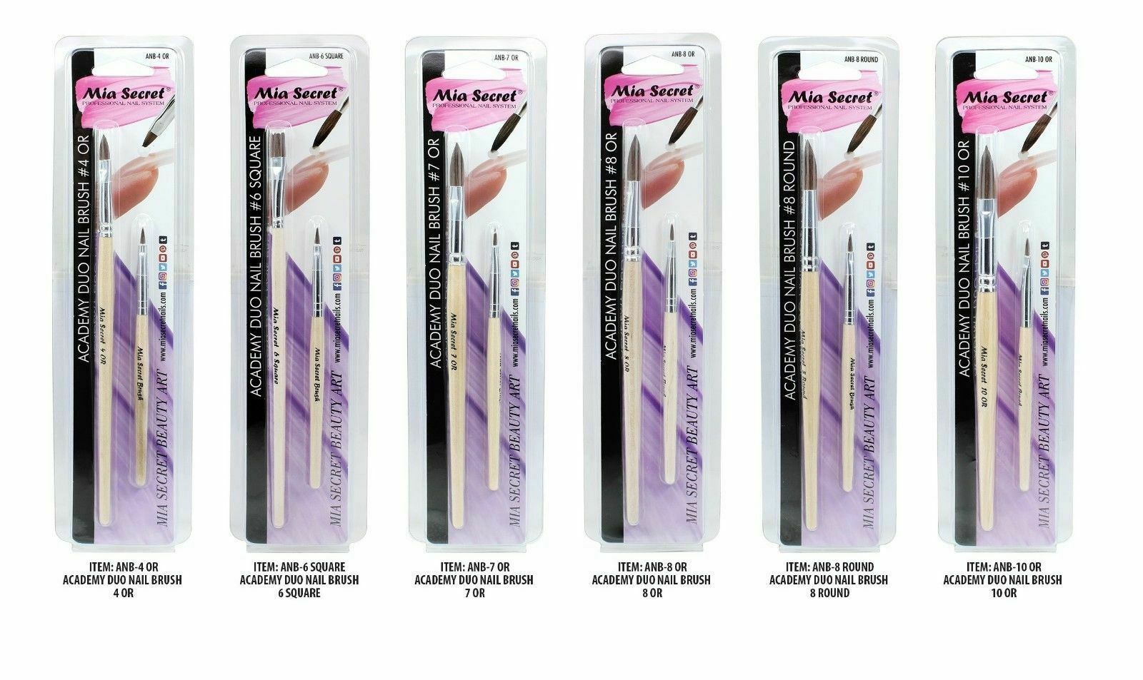 MIA SECRET PROFESSIONAL ACADEMY DUO NAIL BRUSH 4,6,7,8,8 Round ,10 ~ YOU PICK