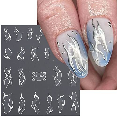 Metallic Silver Lines Nail Stickers – 6 Sheets, 3D Wave Lines, Irregular