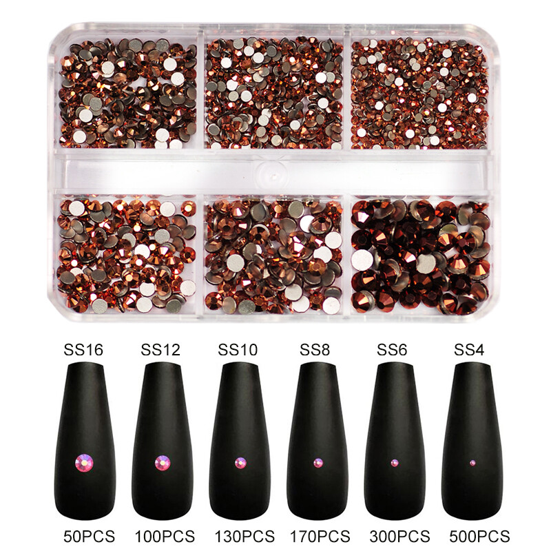 No Hotfix Nail Art Rhinestones 6 Grids SS4-SS16 Flat Back Crystal With tools