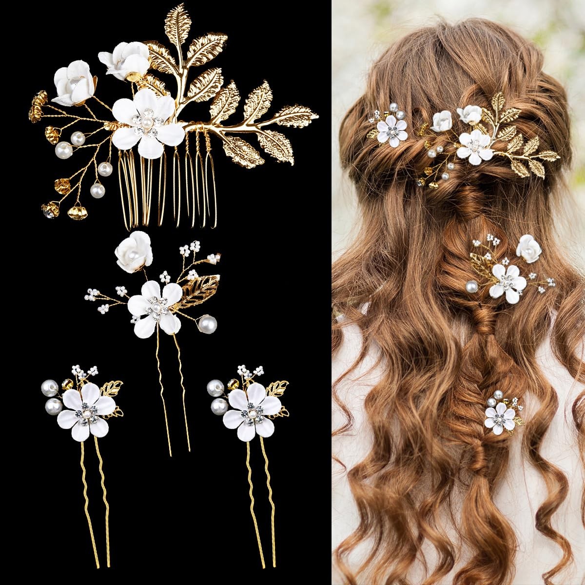 4 Pieces Wedding Flower Hair Pins Pearl Rhinestone 4 Count (Pack of 1), white