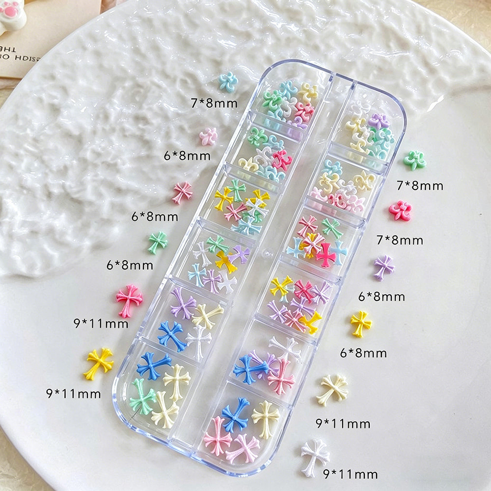 12-Grid Mixed Color Resin Cross Nail Art Sweet Dopamine Style for Press On Nails