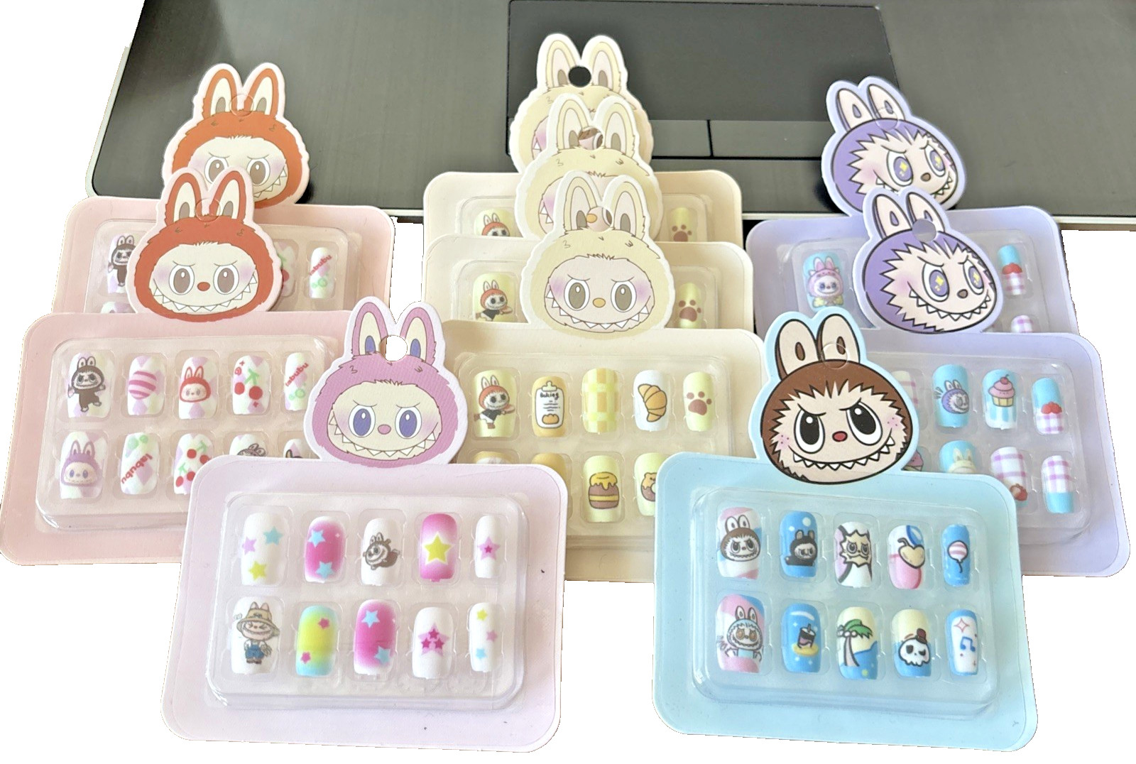 Kids Press on Nails Short Square Cute “Labubu” Design Colorful Minis – 9 Packs