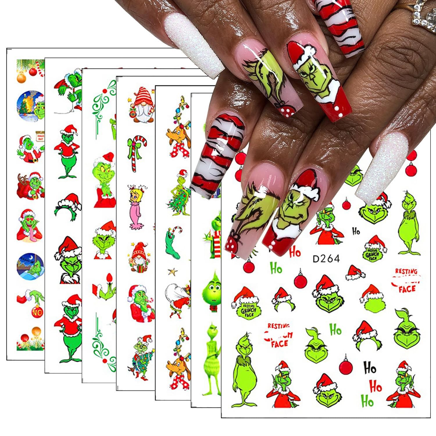 12Sheets Christmas Nail Art Stickers Green Fun Cartoon Santa Claus Designs Na…