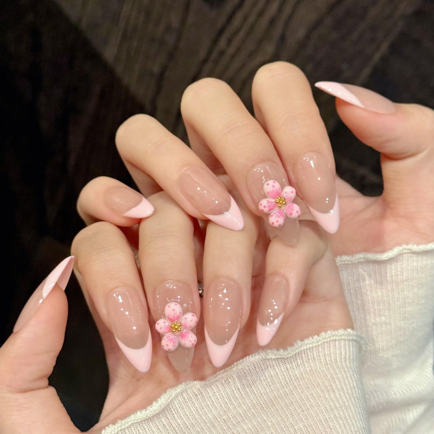 3D Almond Pink Press On Nails with Carved Peach Blossoms – Reusable Acrylic Fals
