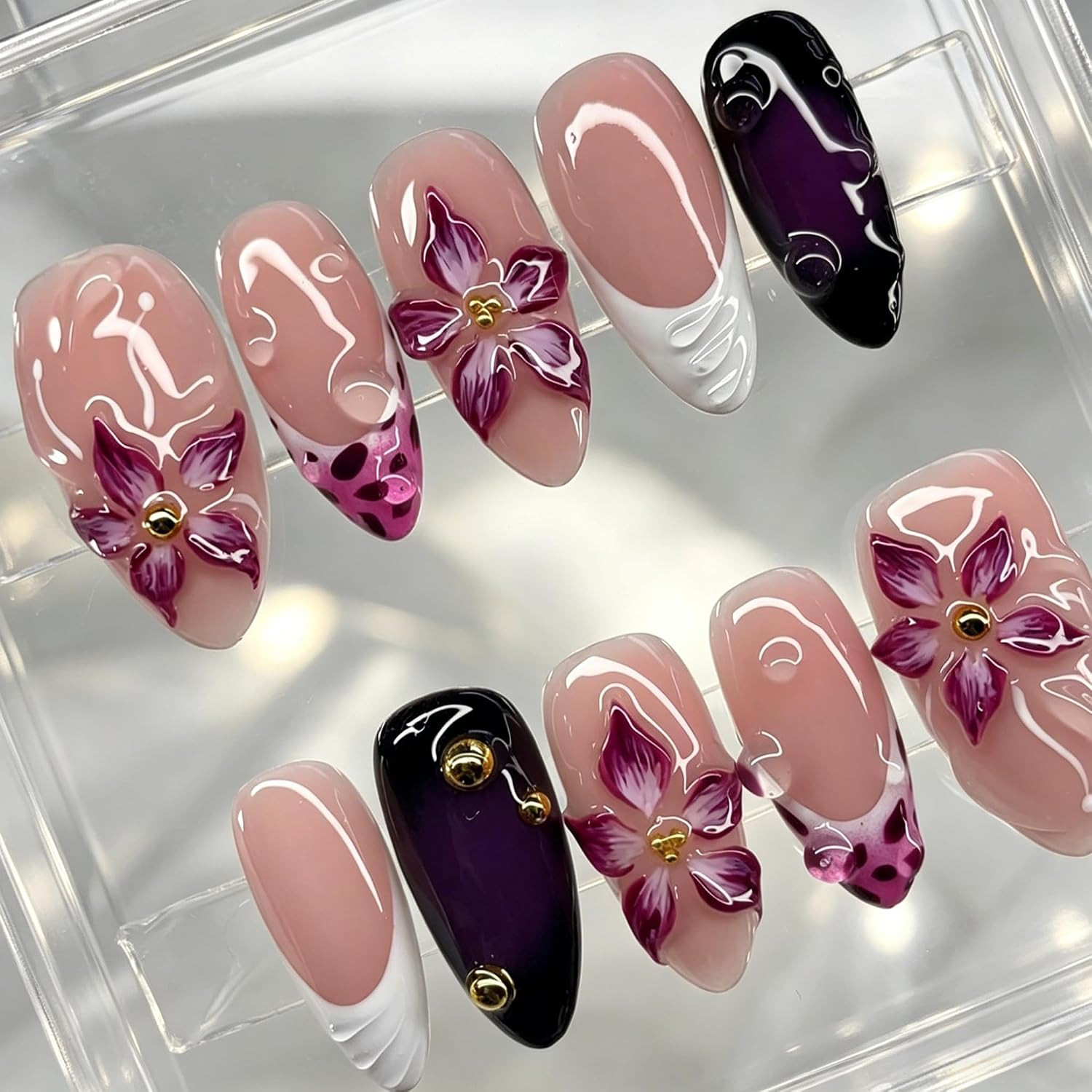 24Pcs Purple Pink Press on Nails Almond Medium 3D Embossed Flower Fake Nails wit