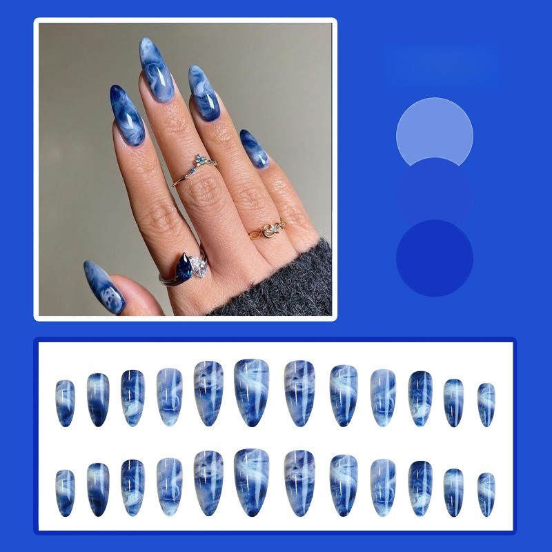 48pc Blue Press on Nails White Blended Marble Wearing Mid Long Press On Nails